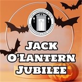 A pumpkin and shadows of bats are in front of an orange background. Text reads "Jack O'Lantern Jubilee."