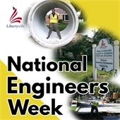 A white background has two yellow corners in the top right and bottom left. Photos of construction projects and a community development building curve from the top middle to the bottom right. Text reads "National Engineers Week."