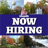 "Now Hiring" in bold white letters on top of a dark blue background. In each corner is a photo of scenic areas within Libertyville.