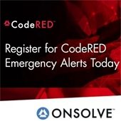 A shadowy background is comprised of red and dark technology shapes. Text reads "CodeRED: Register for CodeRED Emergency Alerts Today." On the bottom is a white uneven border containing the brand name "OnSolve" with a small blue shape logo.