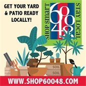 A beige background with a cartoon photo of plants, soil, and gardening supplies with the words "Get your yard and patio ready!" There is a red bottom border with "www.Shop60048.com" in white letters.