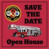 Background is deep red. Top bold black text says "Save the Date" next to a yellow, black, and red fire department badge. Beneath these is a firetruck. Text at the bottom says "Open House."