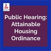 A purple square sits on a blue background. White text reads "Public Hearing: Attainable Housing Ordinance."
