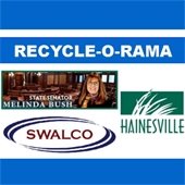 A blue background holds two white rectangles. In the first reads "Recycle-O-Rama." In the second is a logo of a woman in front of a chamber that reads "State Senator Melinda Bush." Another logo is teal with white grass shapes and reads "Hainesville." The third is two slanted navy circles with "SWALCO" in maroon text.