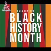 The background is a mix of stripes in green, orange, red, and black. White text reads "Celebrating Black History Month."