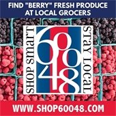 A background of blackberries and raspberries is centered between a dark blue and red rectangle on the top and bottom. The top text reads "Find 'berry' fresh produce at local grocers" while the bottom reads "www.Shop60048.com." In the center is a red, navy, and white logo that reads "60048 - shop smart, stay local."