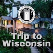 The background is a photo of a large estate. In bold grey text reads "Trip to Wisconsin." A white circle holds a round logo of a vintage door between two lanterns that says "Libertyville Civic Center - The Gathering Place."