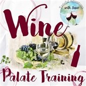 A painted image of two wine glasses, grapes, and an aging barrel are surrounded by images of wine glass stains. A globe with two cheersing wine glasses says "Tasteful Adventures with Susie." Wine red font reads "Wine Palate Training."