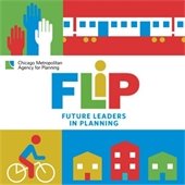 Multicolored text resembling playblocks reads "FLIP - Future Leaders in Planning" on a white background. There are multicolored hands, a train, a symbol of a person on a bicycle, and houses in each corner.