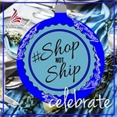 A table dressed in blue and white is behind an overlay of a blue ornament that reads "Shop Not Ship."