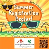 In the center is a pair of sunglasses and a smiling sun wearing sunglasses. Text reads "Summer registration begins!"