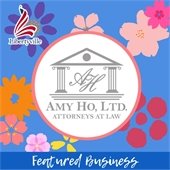 A multicolored floral background shows a logo for Amy Ho, Ltd. Attorneys at Law.