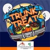 The background is light moving into deep navy with an orange bottom border. A cartoon car decorated for Halloween is in front of an orange moon with the text "Trunk or Treat." Two ghosts are on either side.