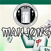 The background is faint gold with highlights of green and gold specks. Tiles with Chinese figures are in the bottom right corner. Text reads "Mahjong."