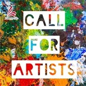 Box letters read "Call for artists" in bold white text. The background is swatches of paint in a variety of colors.