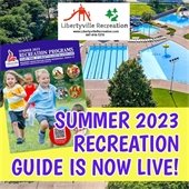 A photo of a pool is behind a graphic of a programming booklet. Text reads "Summer 2023 Recreation Guide is now live!"