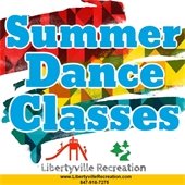 Big bold blue text reads "Summer Dance Classes" atop a multicolored paint swish in red, yellow, and green. 