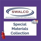 The background is purple. In a white rectangle is a maroon logo that says "SWALCO - Solid Waste Agency of Lake County, Illinois" in a blue oval. In a second white rectangle is text that says "Special Materials Collection." A cartoon photo of a fire extinguisher and paint cans are in the center.