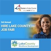 A woman in a blue polo is smiling next to text that reads "3rd Annual Hire Lake County Job Fair." The background is light blue.
