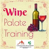 A papery-like taupe background is outlined by pink, orange, and red leaf designs. A bottle and glass of wine are next to purple grapes. Pink text reads "Wine Palate Training."