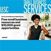 The background is sky blue. In the center is a woman leaning on a shelf smiling. Text at the top reads "Small business services." Text in the middle says "Verizon Small Business Digital Ready - Free small business resources and $10,000 grant opportunities - Verizon."