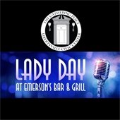 The background is black. In the center is a vintage microphone with a swirled blue background. Text reads "Lady Day at Emerson's Bar and Grill."