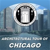 A view of the Chicago River is behind text that reads "Architecture Tour of Chicago."