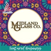 A purple background with colorful floral designs in red, teal, marigold, and pink surrounds a teal circle with a white outline. In the center is text that reads "Midland Glass Co.""