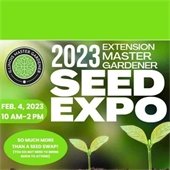 Bright green accents surround a photo of budding baby plants. Text reads "2023 Extension Master Gardener Seed Expo."
