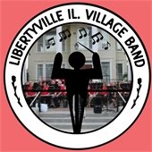 In a white circle is a photo of a band with a cartoon conductor. The circle reads "Libertyville, IL Village Band" and has two black flower designs on opposite sides. The circle is on a coral background.