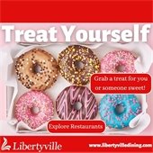 The background is red. A box of multicolored donuts is in the center with text that reads "Treat Yourself."