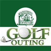 The background is dark green with a white rectangle in the center. Text reads "Golf Outing" next to a golf club and golf ball.