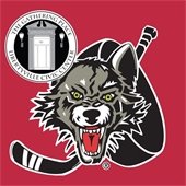 The background is red. In the center is a snarling wolf in front of a hockey puck and stick. At the top left corner is a logo of a front door that reads "The Gathering Place: Libertyville Senior Center."