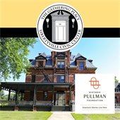 The background is light yellow. The bottom shows a photo of a historic house. In the top center is a logo of a vintage facade and door that reads "The Gathering Place - Libertyville Civic Center."