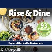 A spread of breakfast food is on a white table. A small sun is in the top left corner with text that reads "Rise & Dine."