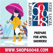 A cartoon character with long hair is wearing a raincoat and holding an umbrella. Text says "Prepare for April showers! www.Shop60048.com."