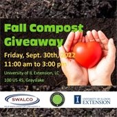 The background is a photo of brown compost with a set of light peach hands holding a tomato in the shape of a heart. Text reads "Fall Compost Giveaway."