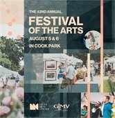 A collage of photos is overlaid with shapes in shades of peach, light blue, and navy. Text reads "The 42nd Annual Festival of the Arts - August 5th and 6th in Cook Park."