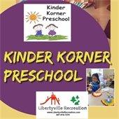 A faded yellow background holds a purple circle. Inside is yellow text that says "Kinder Korner Preschool" next to a photo of a preschool student.