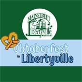 A light blue rectangle sits in the center of a dark green background. Next to a small pretzel is text that reads "Oktoberfest in Libertyville."
