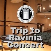 The background is a photo of a concert hall with a piano on the stage. Bold grey text with black outline says "Trip to Ravinia Concert." In a white circle is a logo of a vintage door with a lamp on each side that reads "The Gathering Place - Libertyville Civic Center."