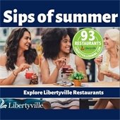 Three women holding colorful drinks are looking at each other and smiling. Text reads "sips of summer."