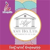 A deep purple background features a strip of multicolored waves. In the center is a circle with a marigold outline with a gray logo that reads "Amy Ho, Ltd. Attorneys at Law."