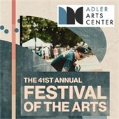 A design of blue, peach, and taupe shapes are scattered throughout featuring a photo of an artist spray painting his work. Text reads "The 41st Annual Festival of the Arts." A logo in the top right corner has three curved block shapes resembling letters A, A, and C and reads "Adler Arts Center."