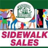 Background is dark green. A cartoon shows a number of people window shopping. Text reads "Sidewalk Sales."