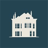 A light-colored historic home is on a deep teal background.