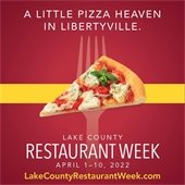 A slice of pizza is on a red background. Text reads "A little pizza heaven in Libertyville."