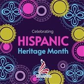A deep purple background showcases circular shapes in light blue, light purple, bright pink, and muted yellow. Text reads "Celebrating Hispanic Heritage Month."