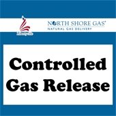 "Controlled Gas Release" is in bold black letters inside a white square. The square sits on a blue background with a header that has a patriotic L, "Libertyville," and "North Shore Gas Natural Gas Delivery" inside.