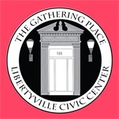 A circle design depicts a door with two antique lights on either side on a black background. The white border reads "The Gathering Place - Libertyville Civic Center." The circle is on a salmon pink background.